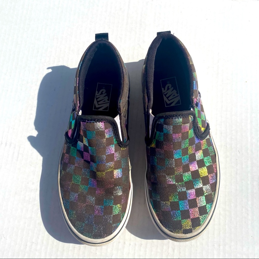 Vans black metallic check checkered slip on sneakers size 3